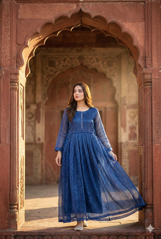 3-Piece – Crinkle Sheesha Silk Maxi Stitched Blue