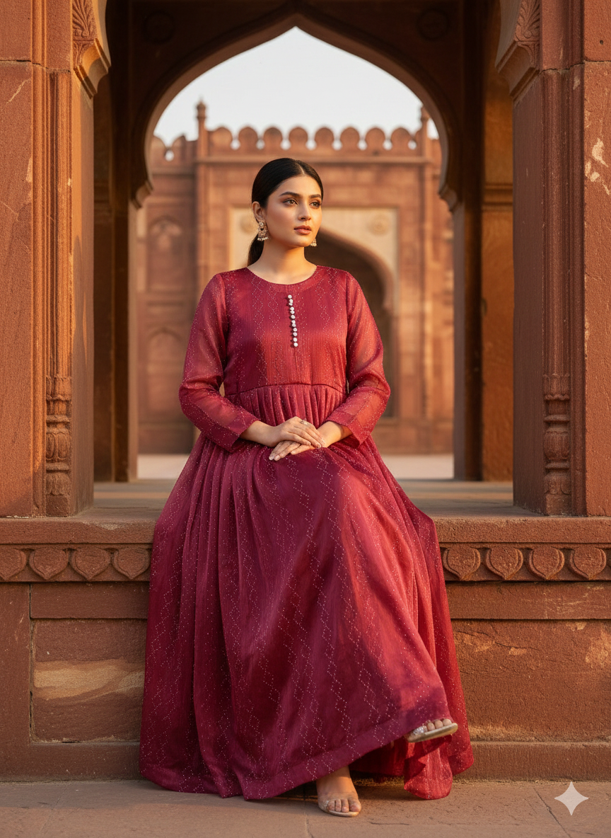 3-Piece – Crinkle Sheesha Silk Maxi Stitched Maroon