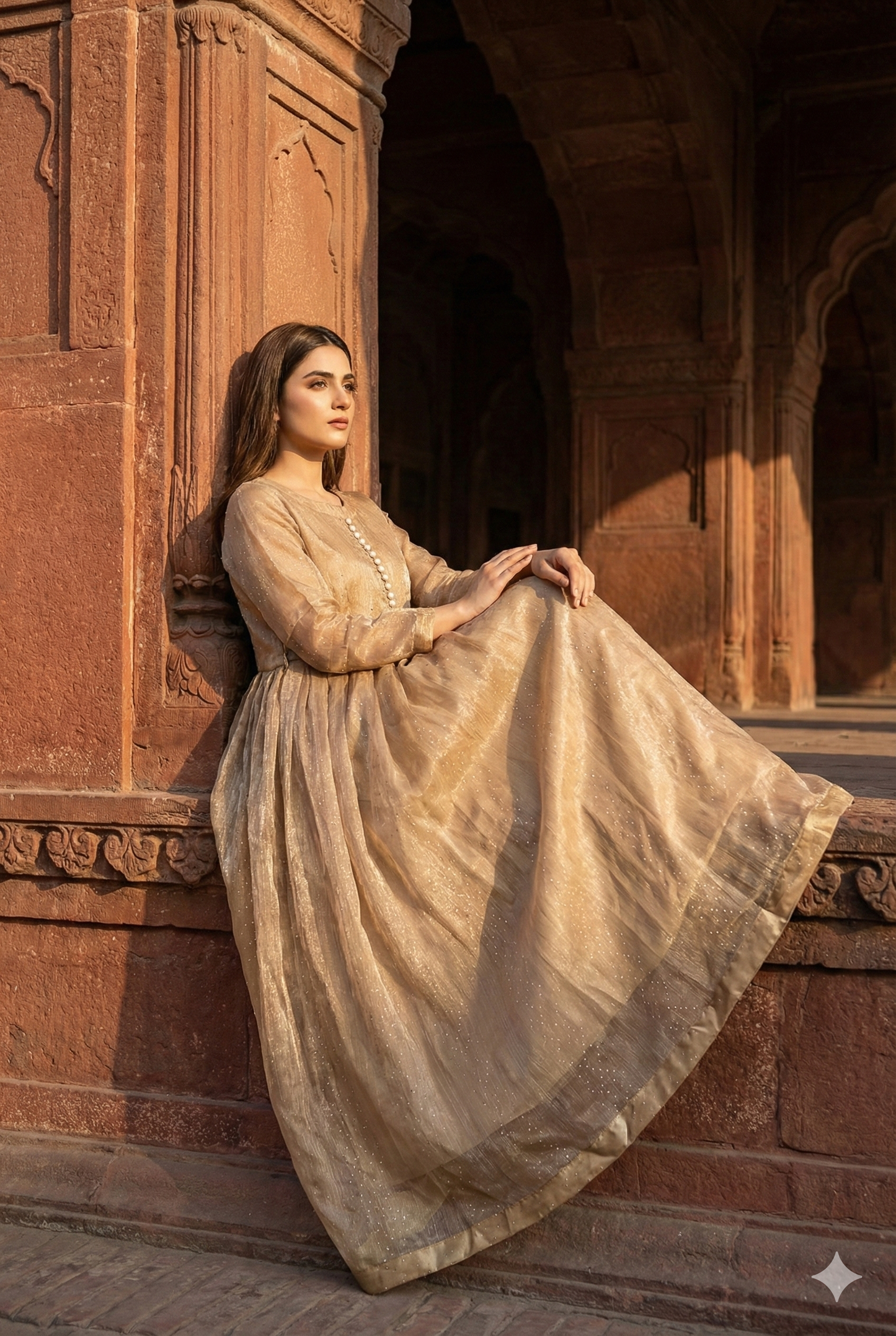 3-Piece – Crinkle Sheesha Silk Maxi Stitched Golden