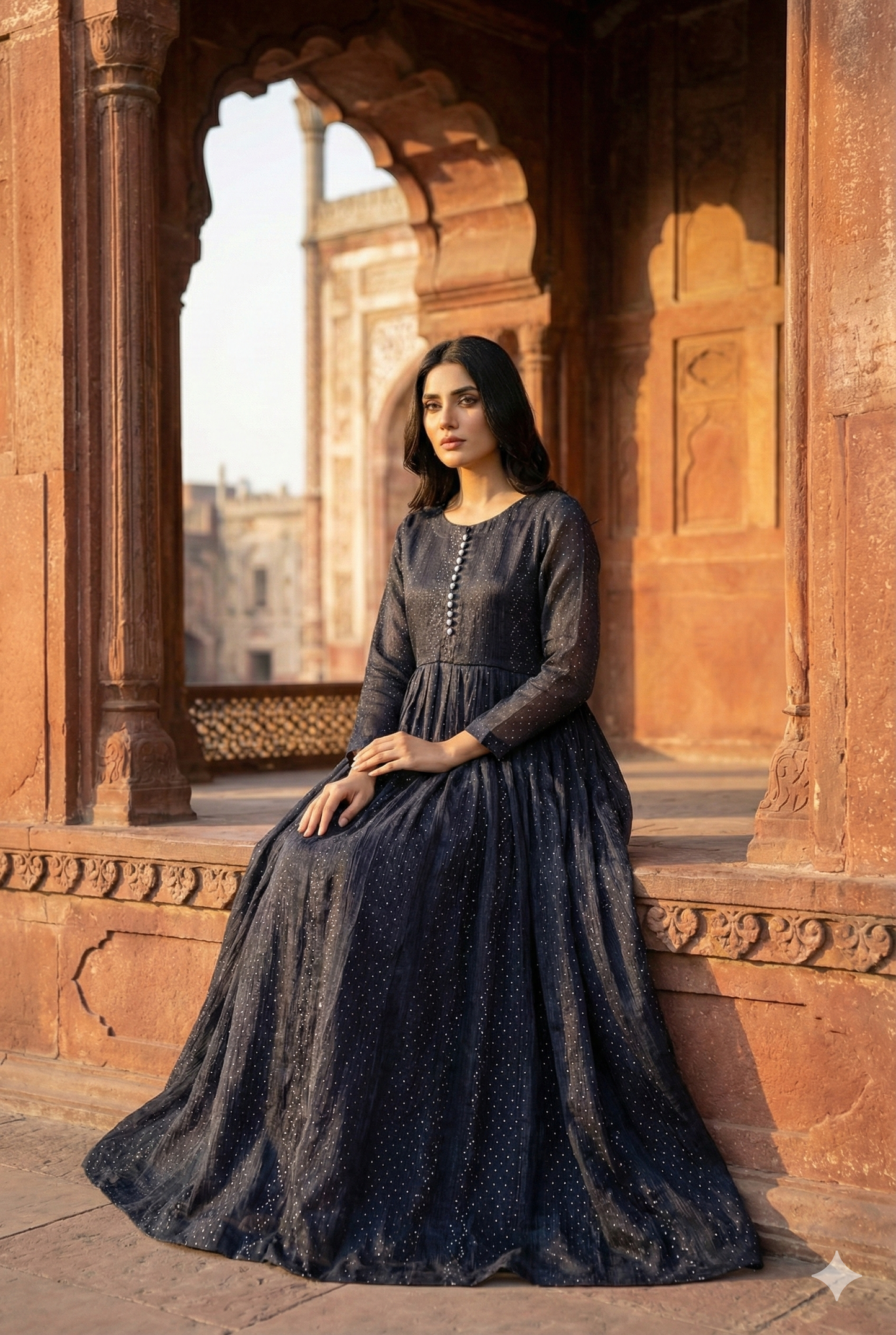 3-Piece – Crinkle Sheesha Silk Maxi Stitched Sky Black