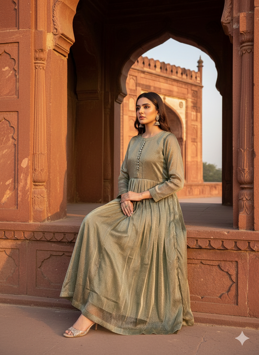 3-Piece – Crinkle Sheesha Silk Maxi Stitched Olive Green