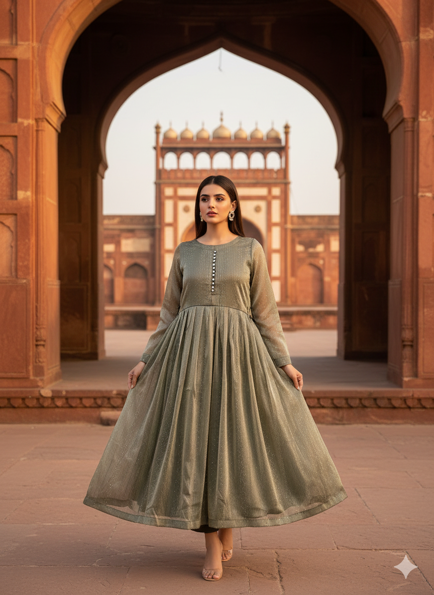 3-Piece – Crinkle Sheesha Silk Maxi Stitched Olive Green