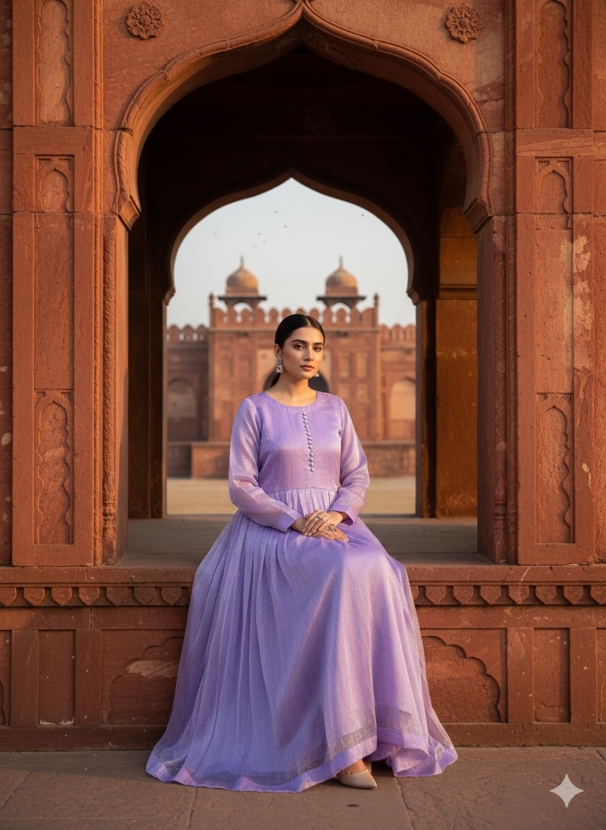 3-Piece – Crinkle Sheesha Silk Maxi Stitched Lilac