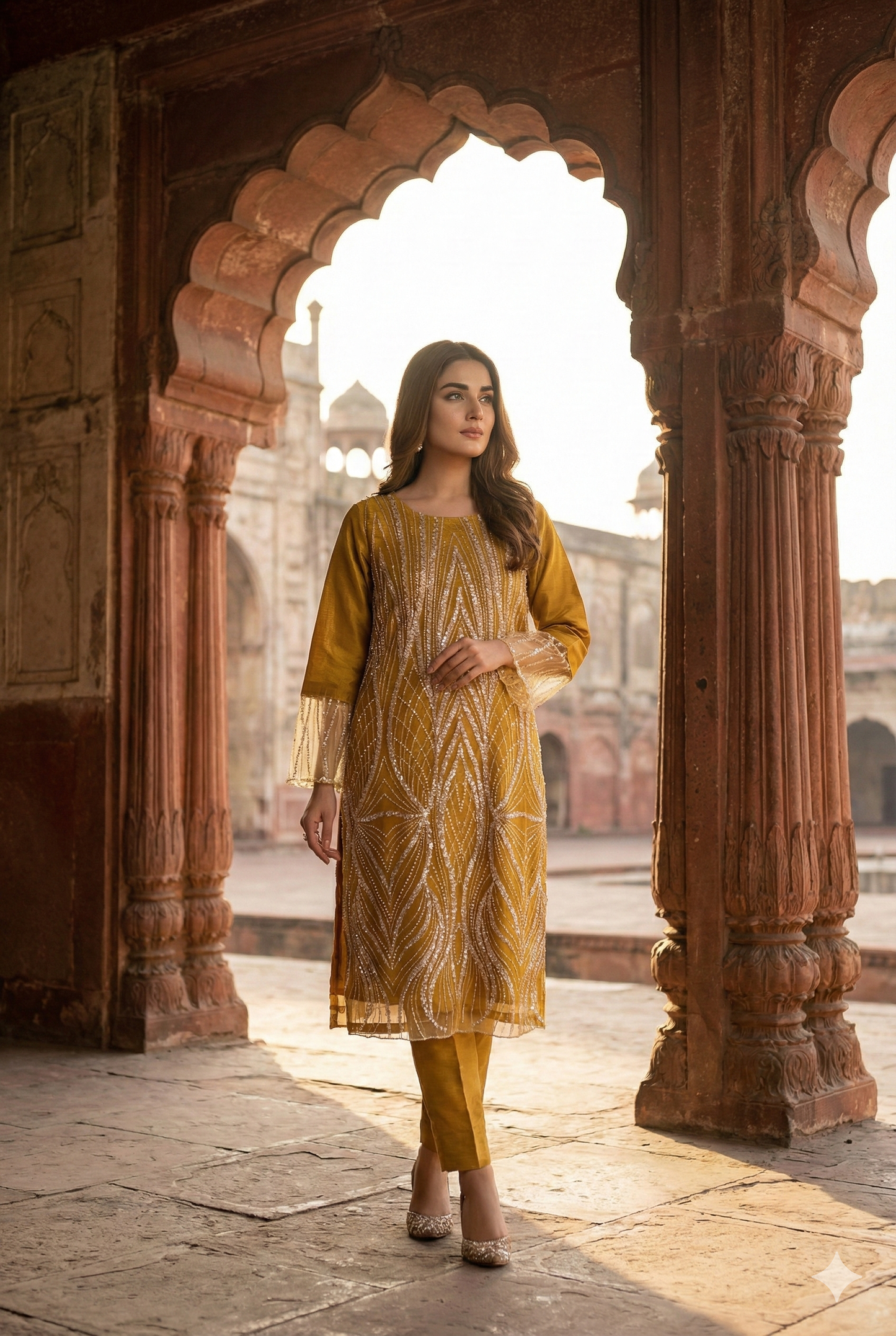 3-PC Heavy Cut Dana & Sequin Embroidered Net Suit Stitched - Mustard Gold