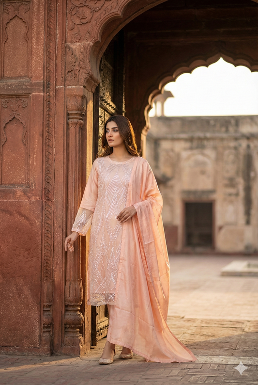 3-PC Heavy Cut Dana & Sequin Embroidered Net Suit Stitched - Peach