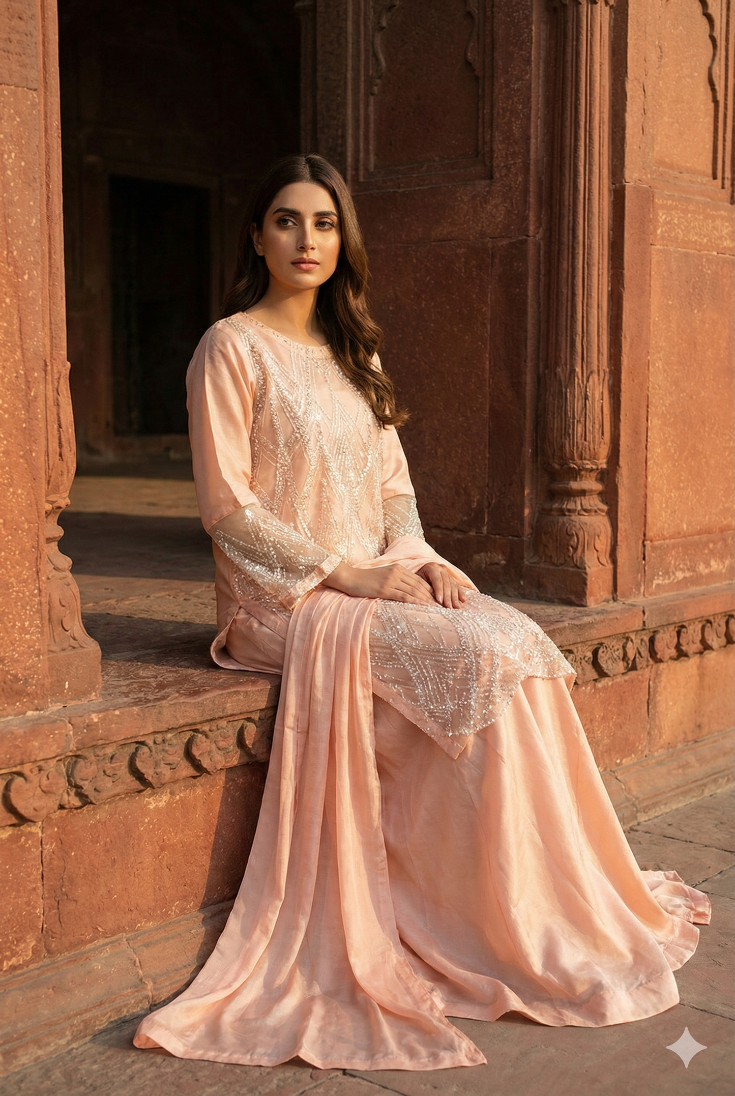 3-PC Heavy Cut Dana & Sequin Embroidered Net Suit Stitched - Peach