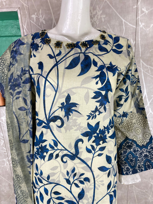 3PC Stitched Suit – Digital Printed Premium Lawn with Hand Embellished Neckline