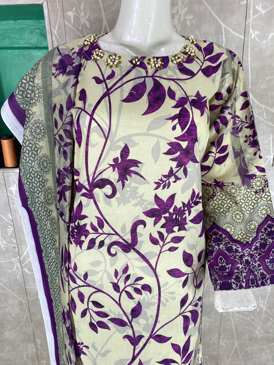 3PC Stitched Suit – Digital Printed Premium Lawn with Hand Embellished Neckline
