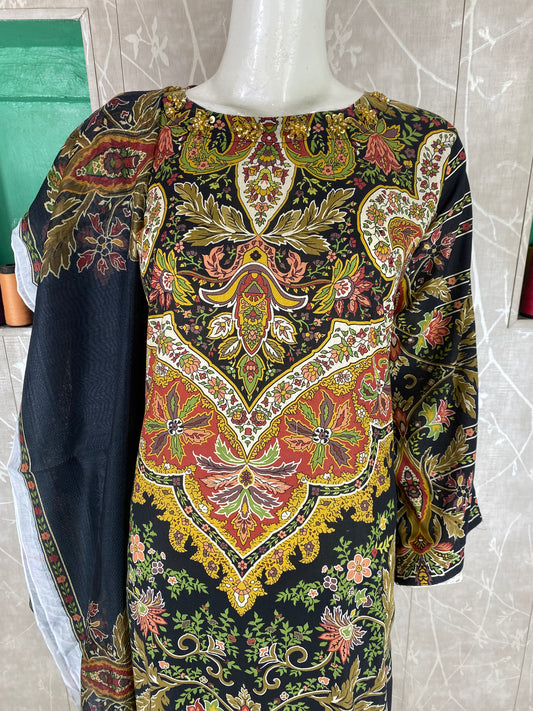3PC Stitched Suit – Digital Printed Premium Lawn with Hand Embellished Neckline