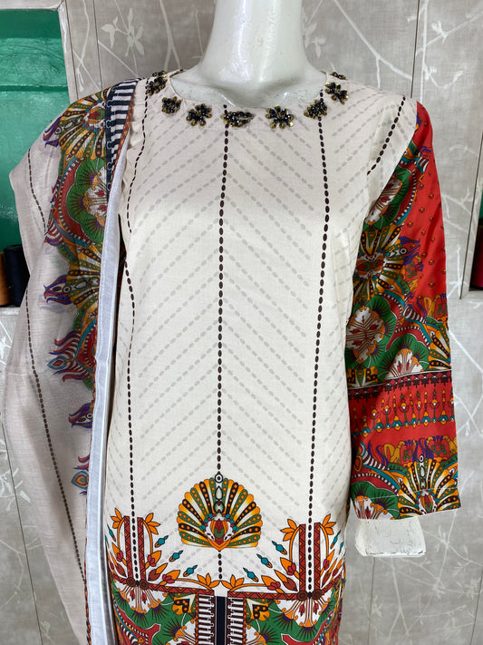 3PC Stitched Suit – Digital Printed Premium Lawn with Hand Embellished Neckline