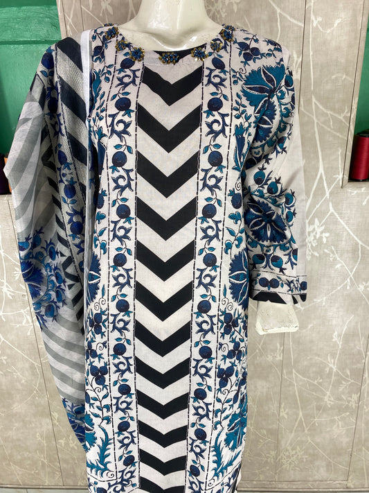 3PC Stitched Suit – Digital Printed Premium Lawn with Hand Embellished Neckline