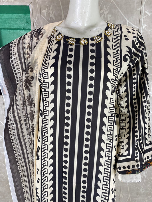 3PC Stitched Suit – Digital Printed Premium Lawn with Hand Embellished Neckline