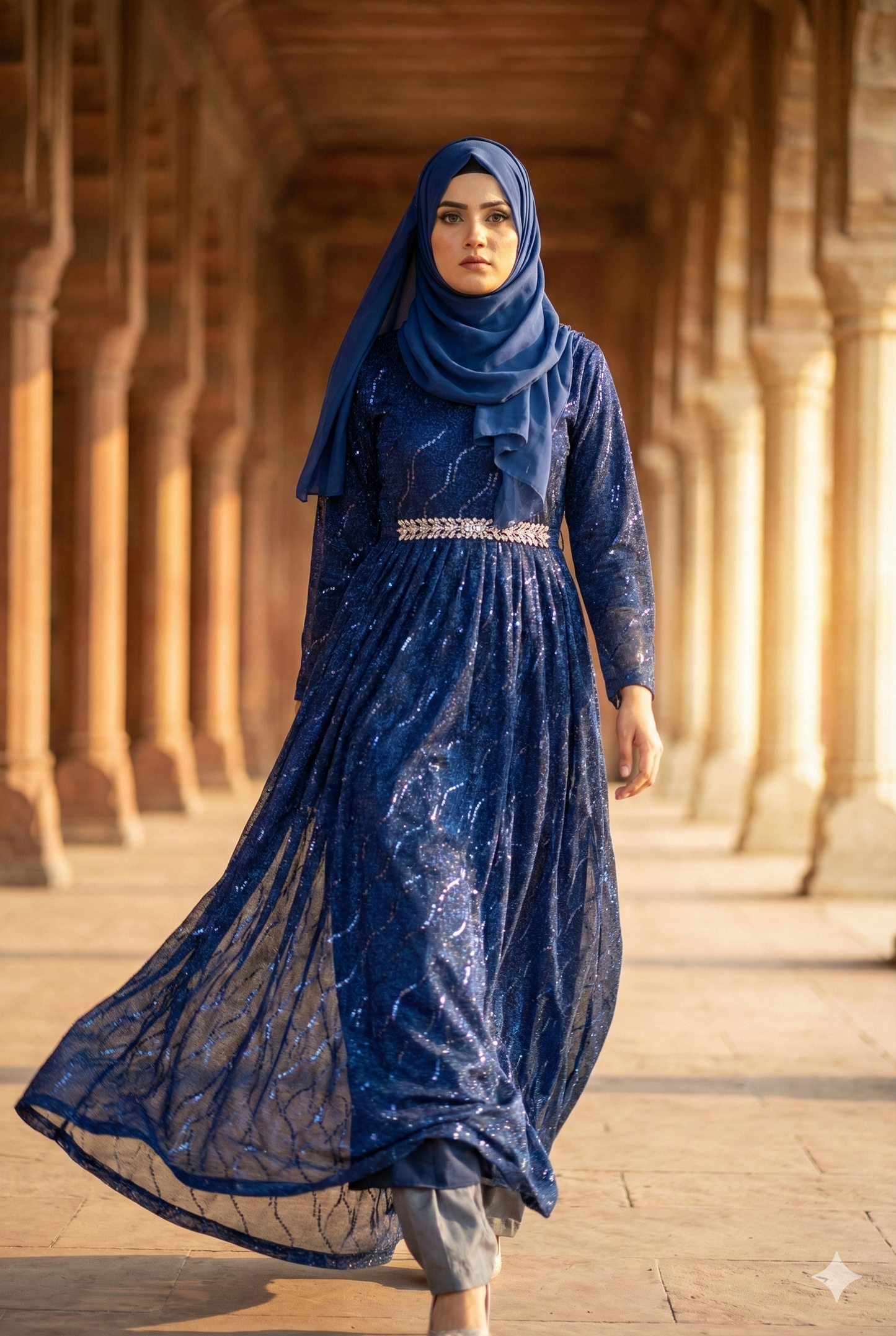 3-PC Blue Moonlight Stitched Maxi with Wave Pattern
