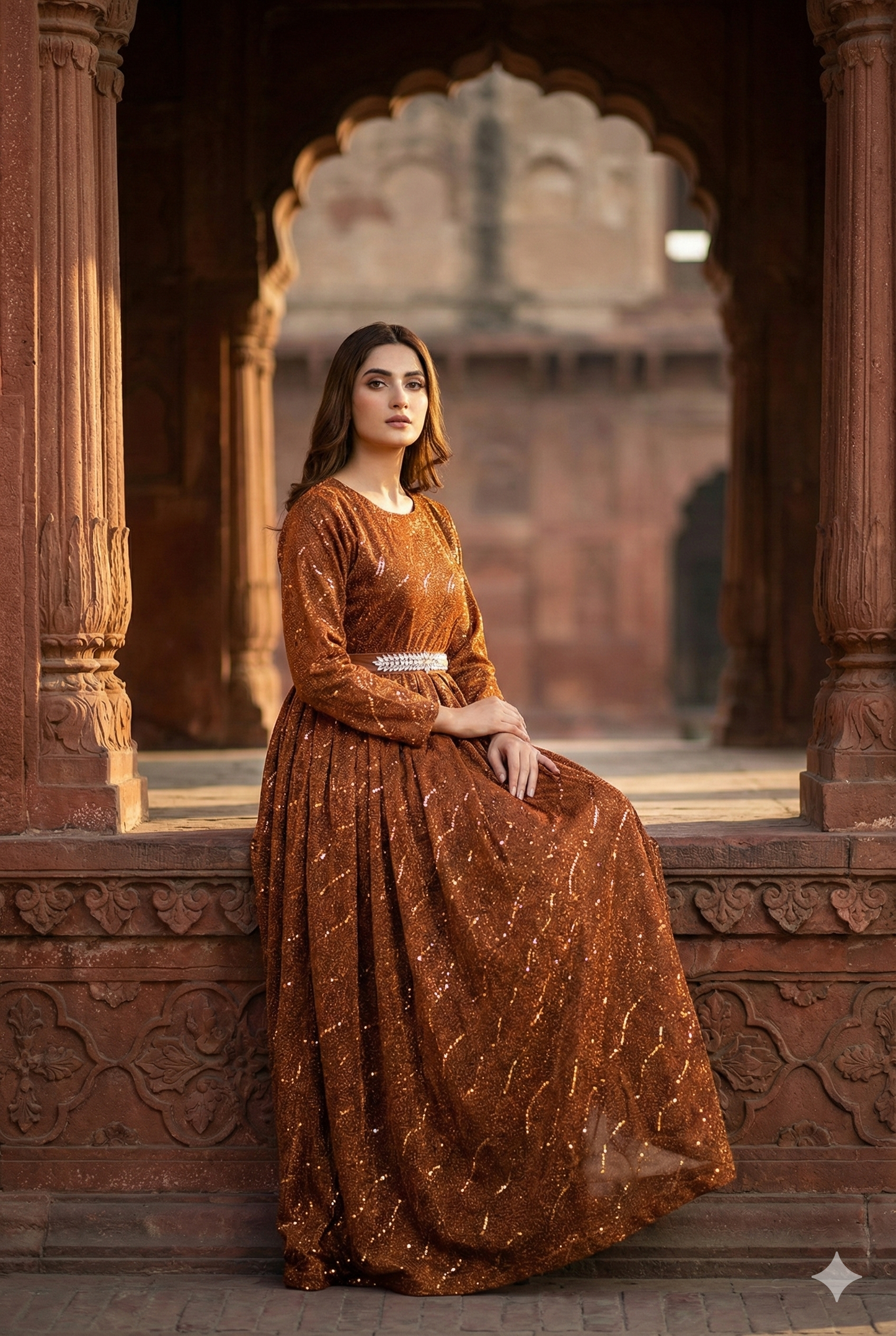 3-PC Coper Moonlight Stitched Maxi with Wave Pattern