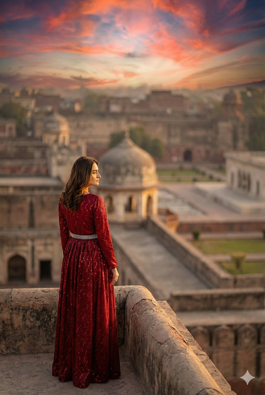 3-PC Maroon Moonlight Stitched Maxi with Wave Pattern