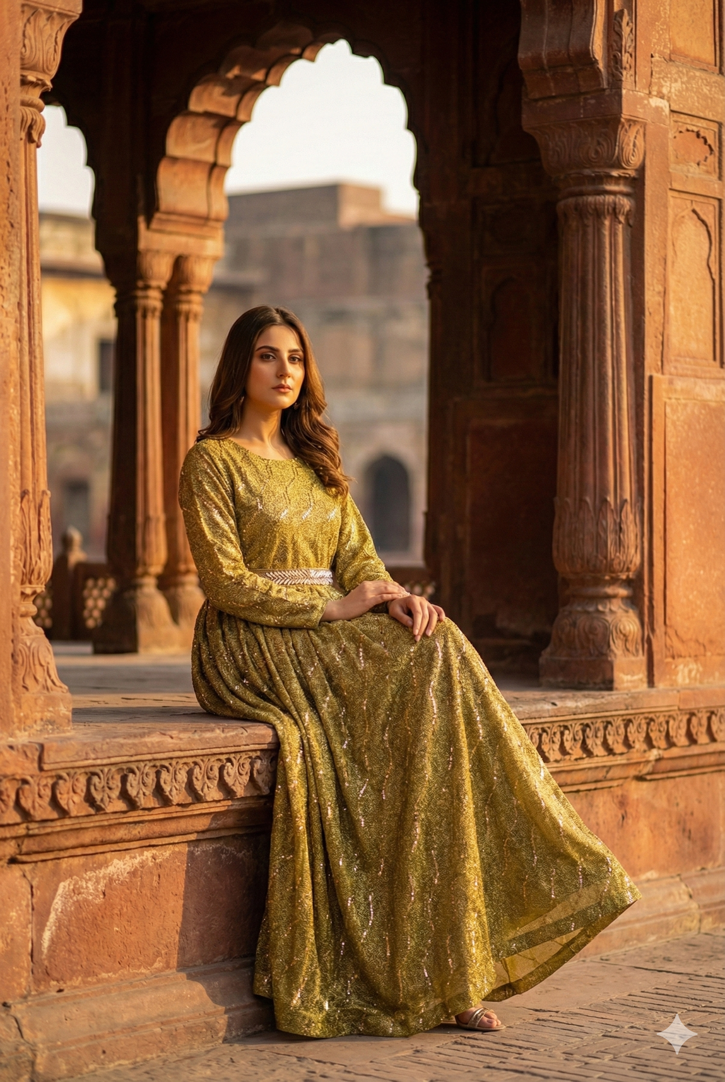 3-PC Golden Moonlight Stitched Maxi with Wave Pattern