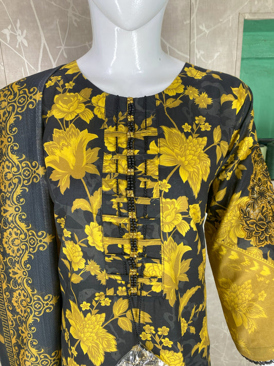 3PC Stitched Lawn Suit – Embroidered Sleeves & Daman | Fancy Tassel Neck Design