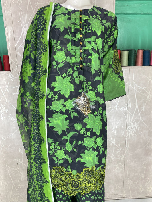 3PC Stitched Lawn Suit – Embroidered Sleeves & Daman | Fancy Tassel Neck Design