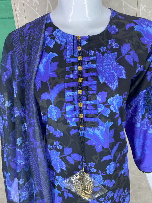3PC Stitched Lawn Suit – Embroidered Sleeves & Daman | Fancy Tassel Neck Design