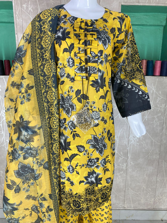 3PC Stitched Lawn Suit – Embroidered Sleeves & Daman | Fancy Tassel Neck Design