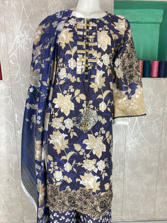 3PC Stitched Lawn Suit – Embroidered Sleeves & Daman | Fancy Tassel Neck Design