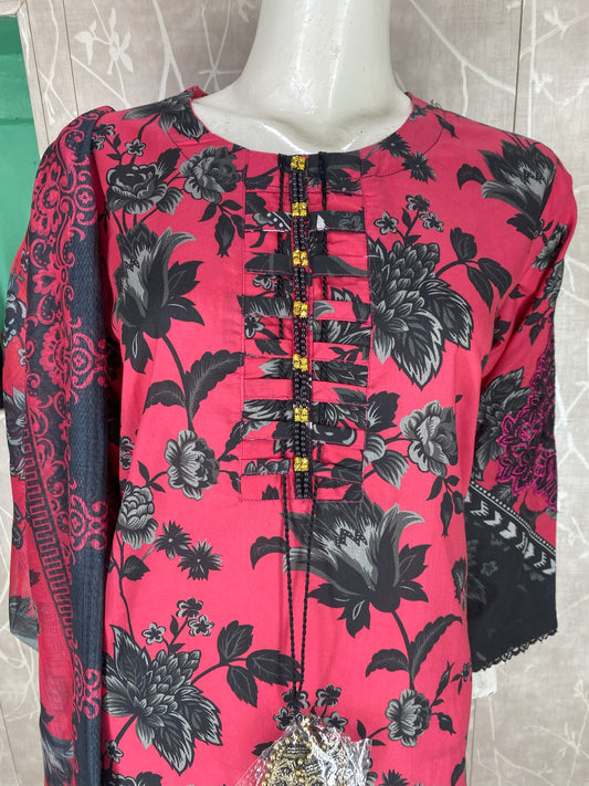 3PC Stitched Lawn Suit – Embroidered Sleeves & Daman | Fancy Tassel Neck Design