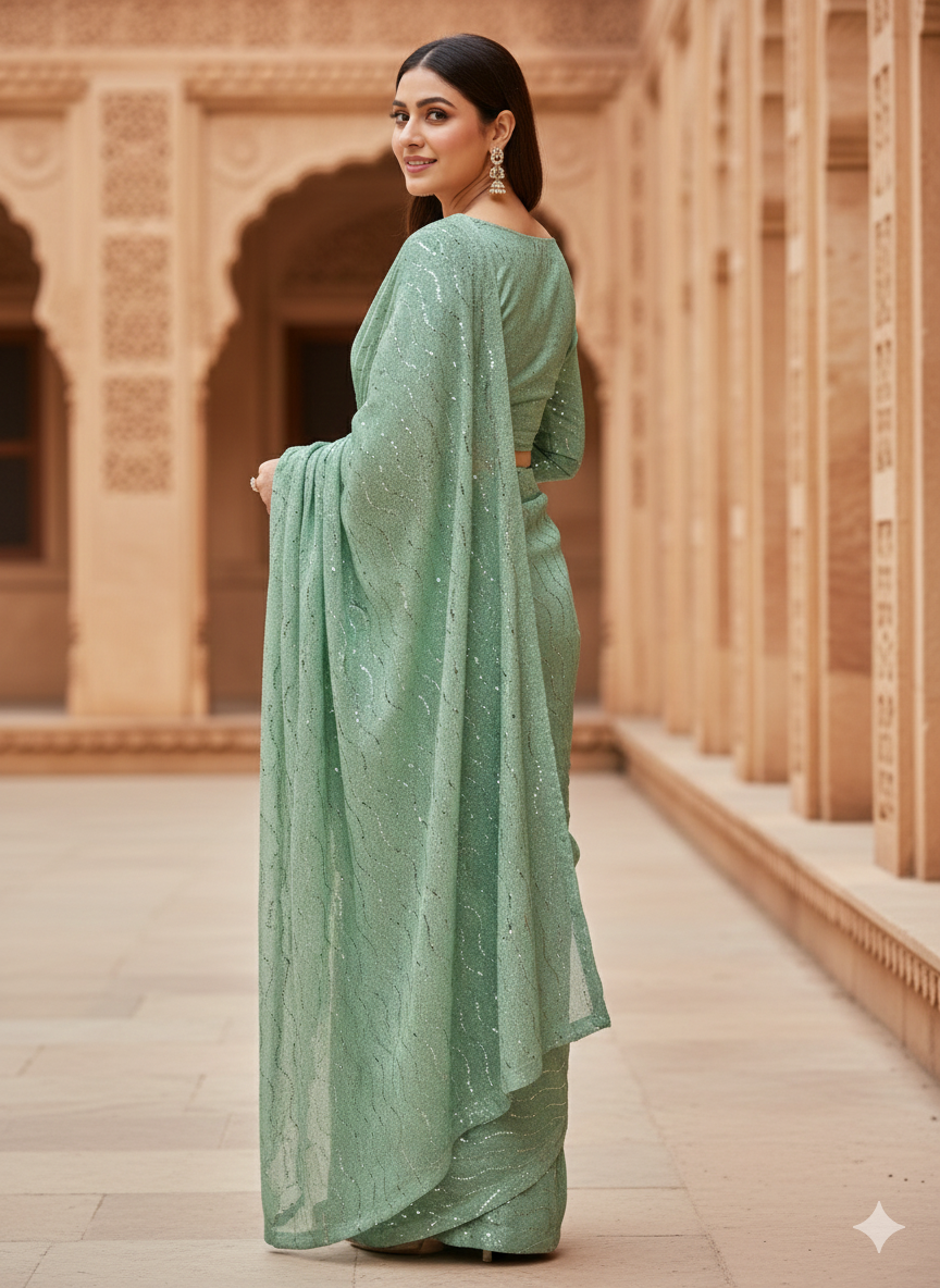 Premium Moonlight Fabric Saree | Aqua Green Glitz with Matching Modest Blouse | Factory Direct Price