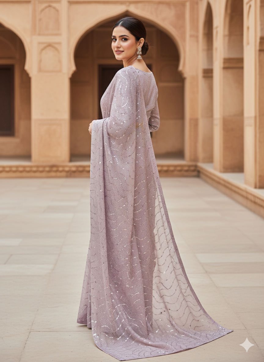 Premium Moonlight Fabric Saree | Purple Glitz with Matching Modest Blouse | Factory Direct Price