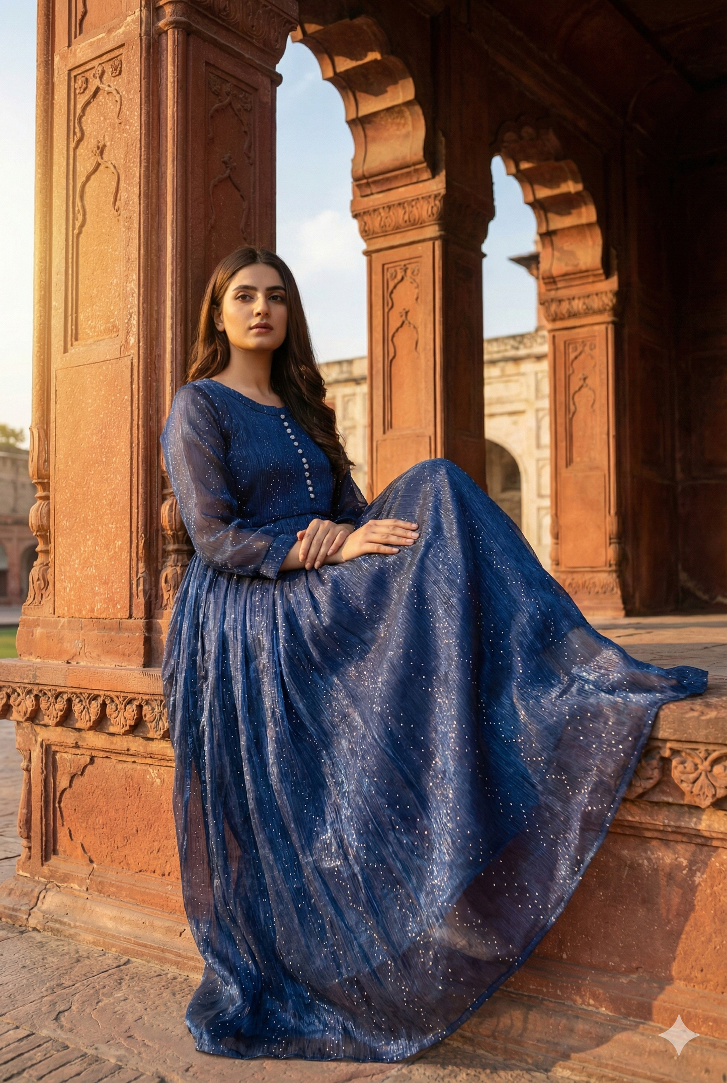 3-Piece – Crinkle Sheesha Silk Maxi Stitched Blue
