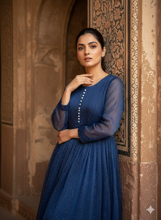 3-Piece – Crinkle Sheesha Silk Maxi Stitched Blue