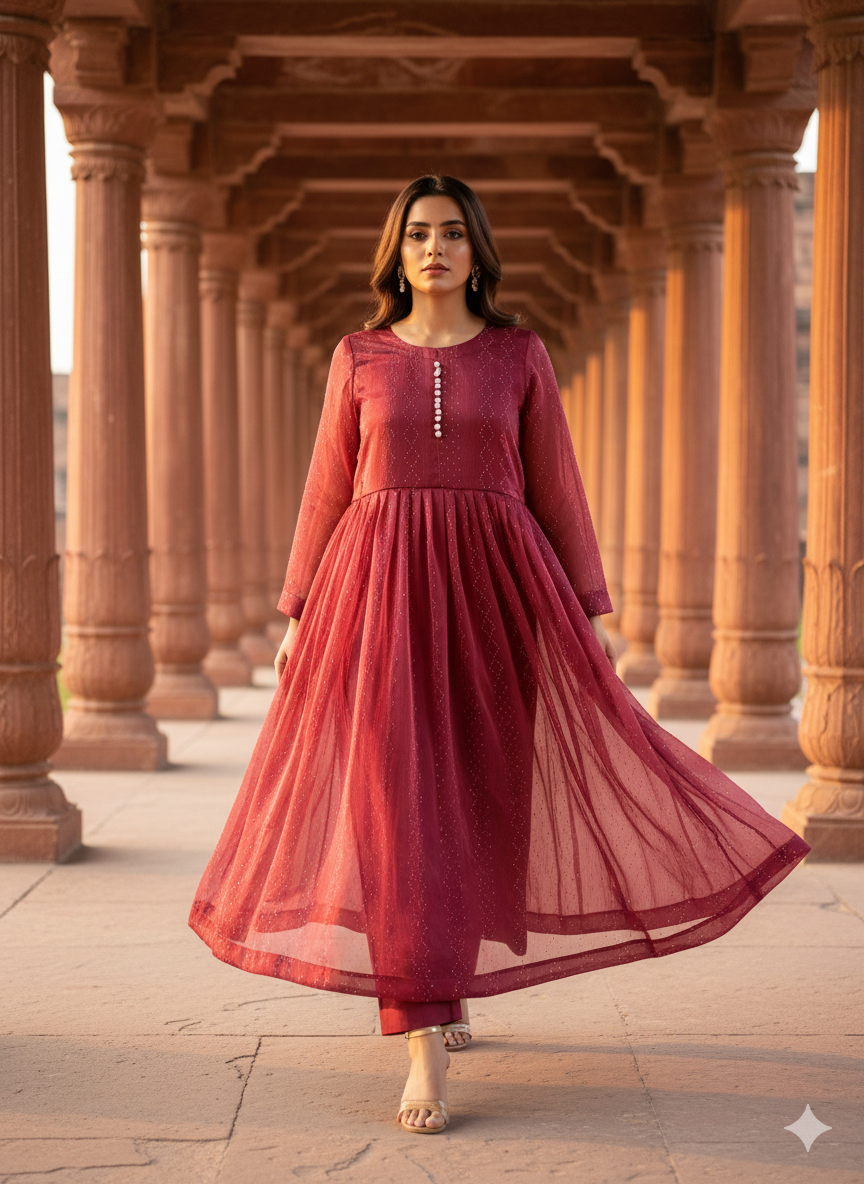 3-Piece – Crinkle Sheesha Silk Maxi Stitched Maroon