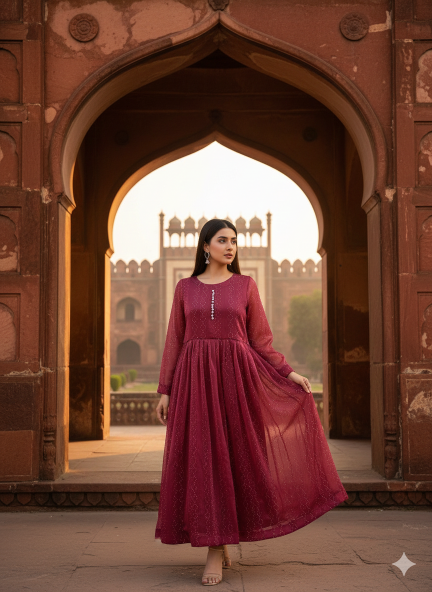 3-Piece – Crinkle Sheesha Silk Maxi Stitched Maroon