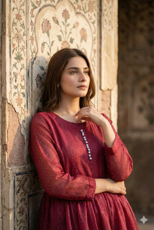 3-Piece – Crinkle Sheesha Silk Maxi Stitched Maroon