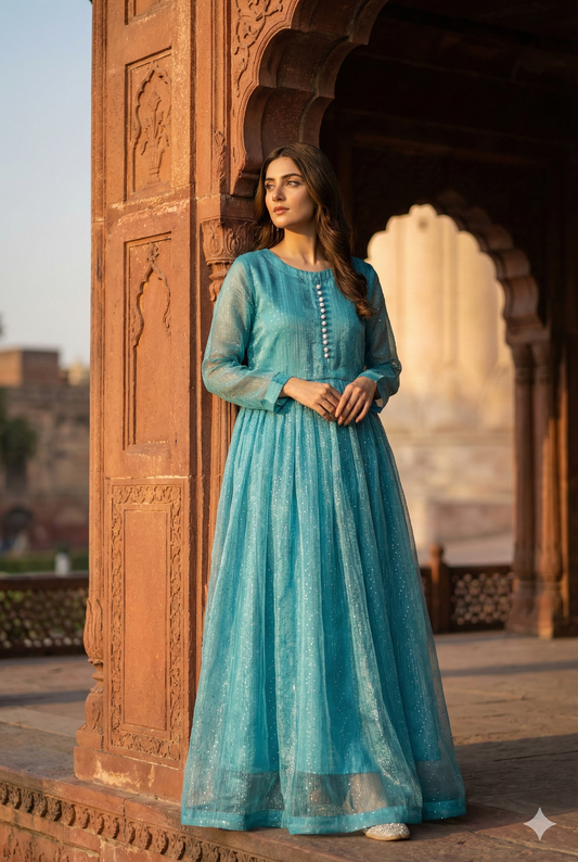 3-Piece – Crinkle Sheesha Silk Maxi Stitched Sky Blue
