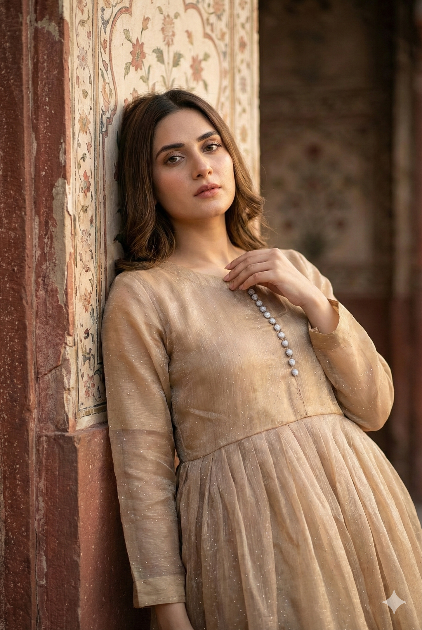 3-Piece – Crinkle Sheesha Silk Maxi Stitched Golden