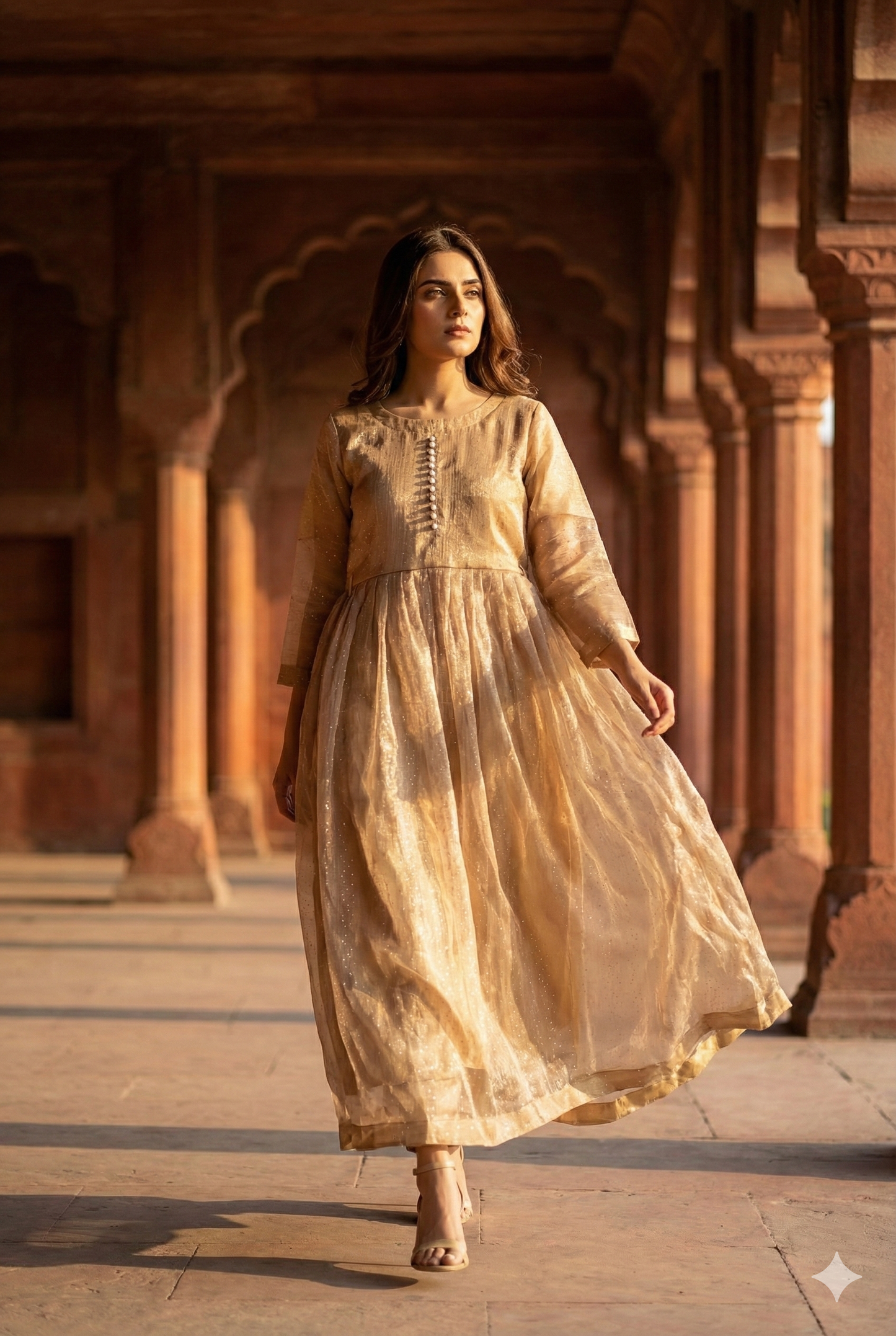 3-Piece – Crinkle Sheesha Silk Maxi Stitched Golden