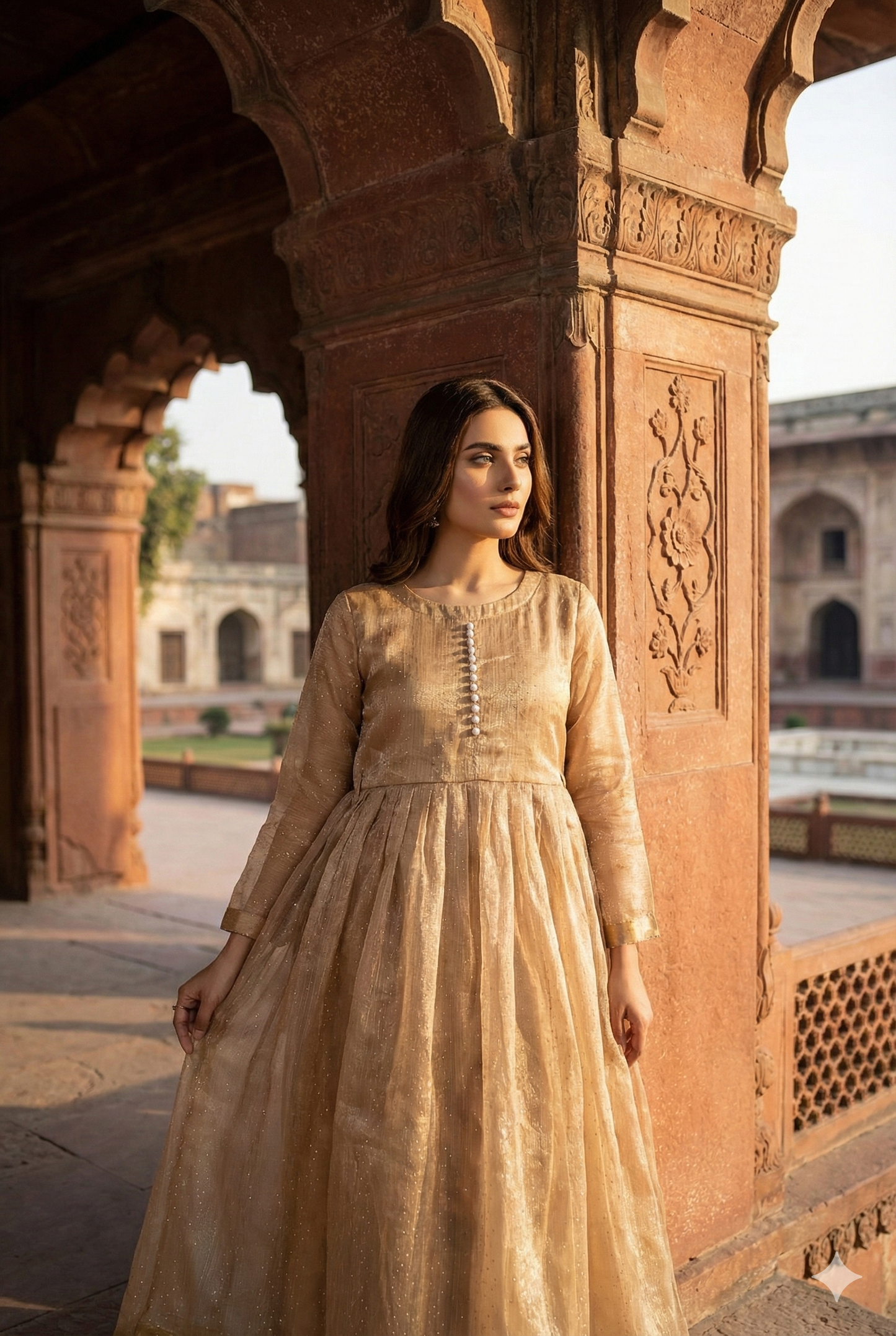 3-Piece – Crinkle Sheesha Silk Maxi Stitched Golden