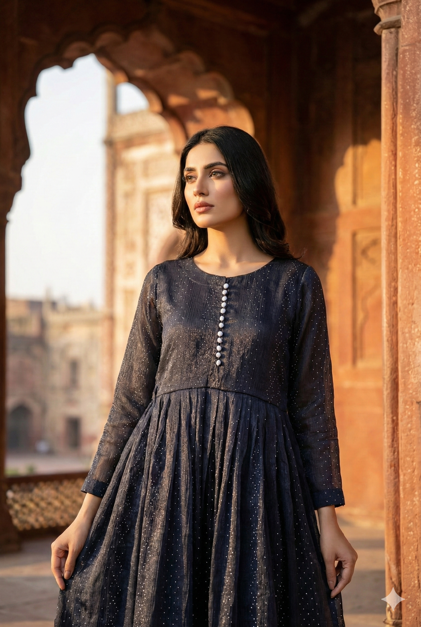 3-Piece – Crinkle Sheesha Silk Maxi Stitched Sky Black