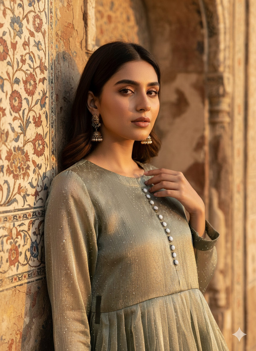 3-Piece – Crinkle Sheesha Silk Maxi Stitched Olive Green