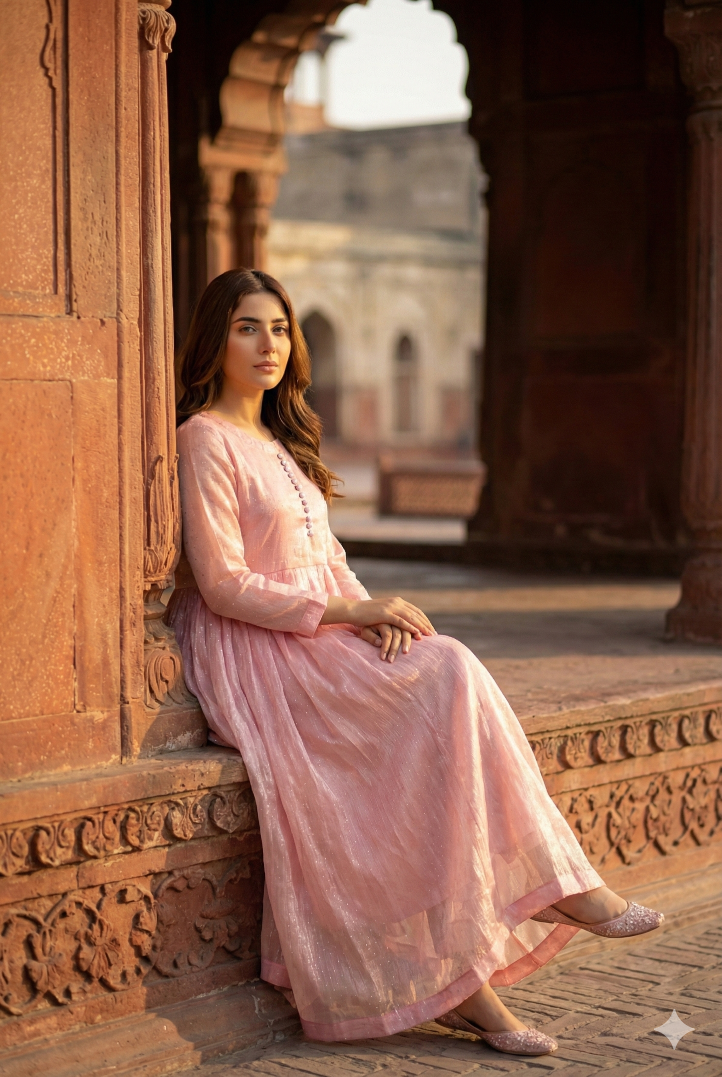 3-Piece – Crinkle Sheesha Silk Maxi Stitched Peach