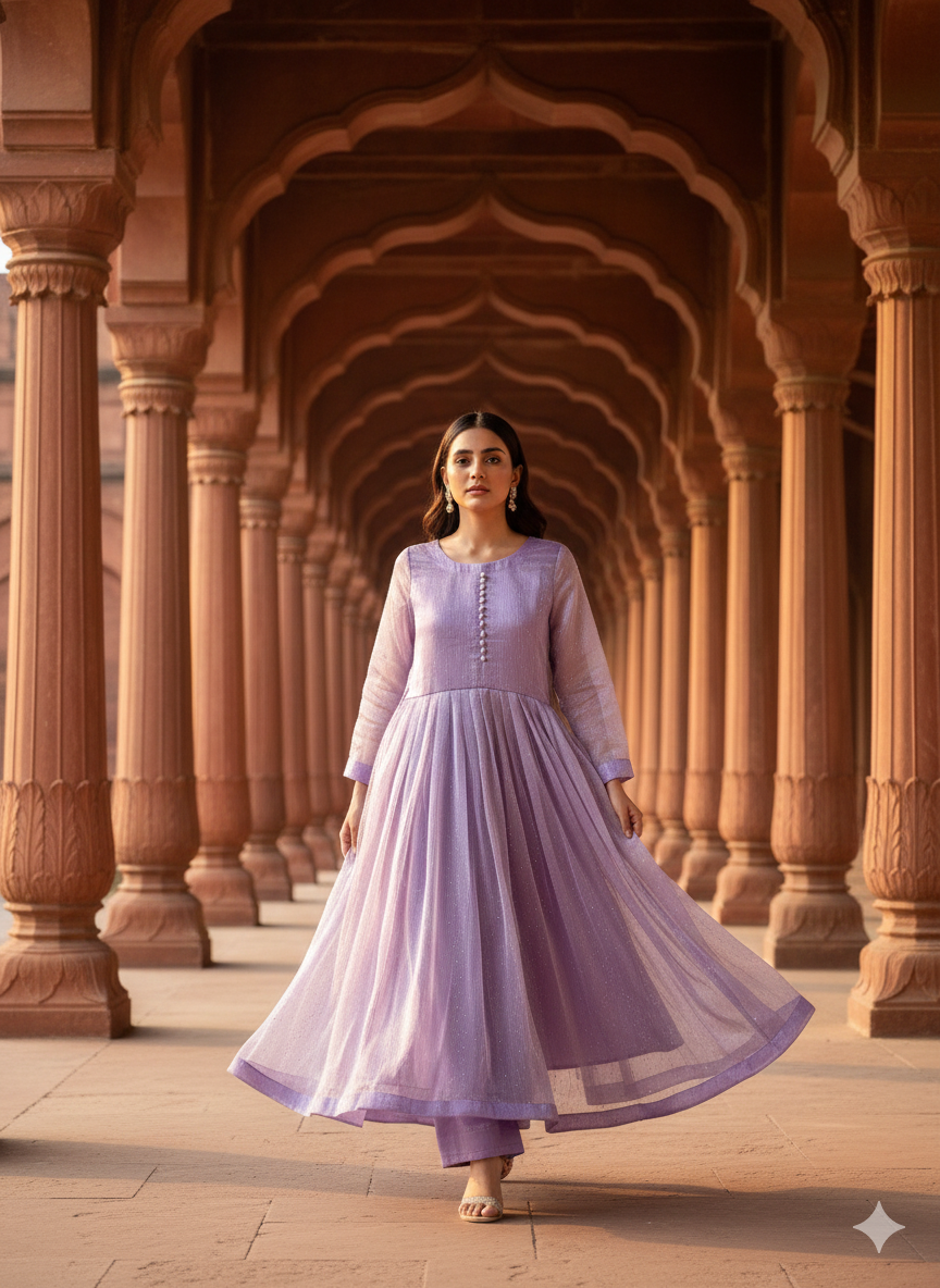 3-Piece – Crinkle Sheesha Silk Maxi Stitched Lilac