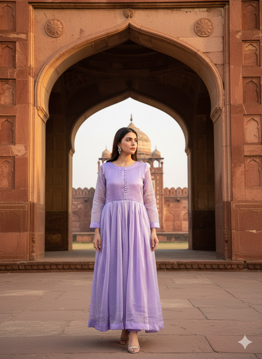 3-Piece – Crinkle Sheesha Silk Maxi Stitched Lilac