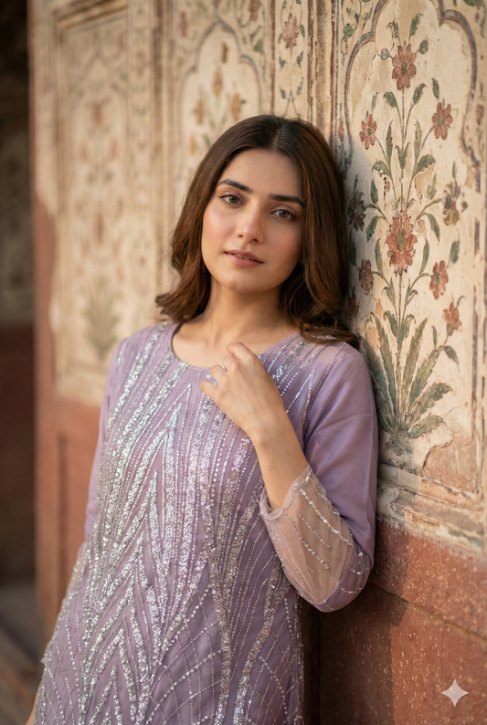 3-PC Heavy Cut Dana & Sequin Embroidered Net Suit Stitched - Purple