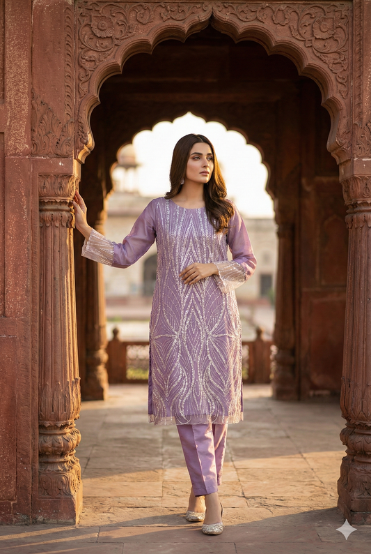 3-PC Heavy Cut Dana & Sequin Embroidered Net Suit Stitched - Purple