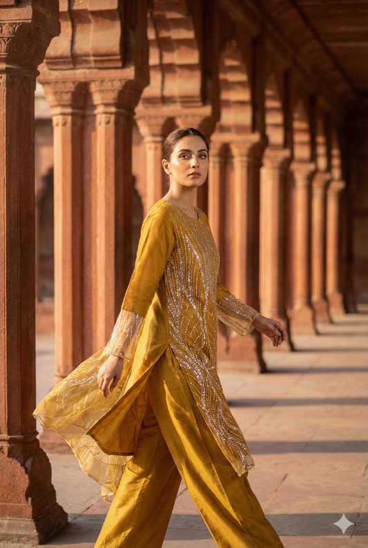 3-PC Heavy Cut Dana & Sequin Embroidered Net Suit Stitched - Mustard Gold