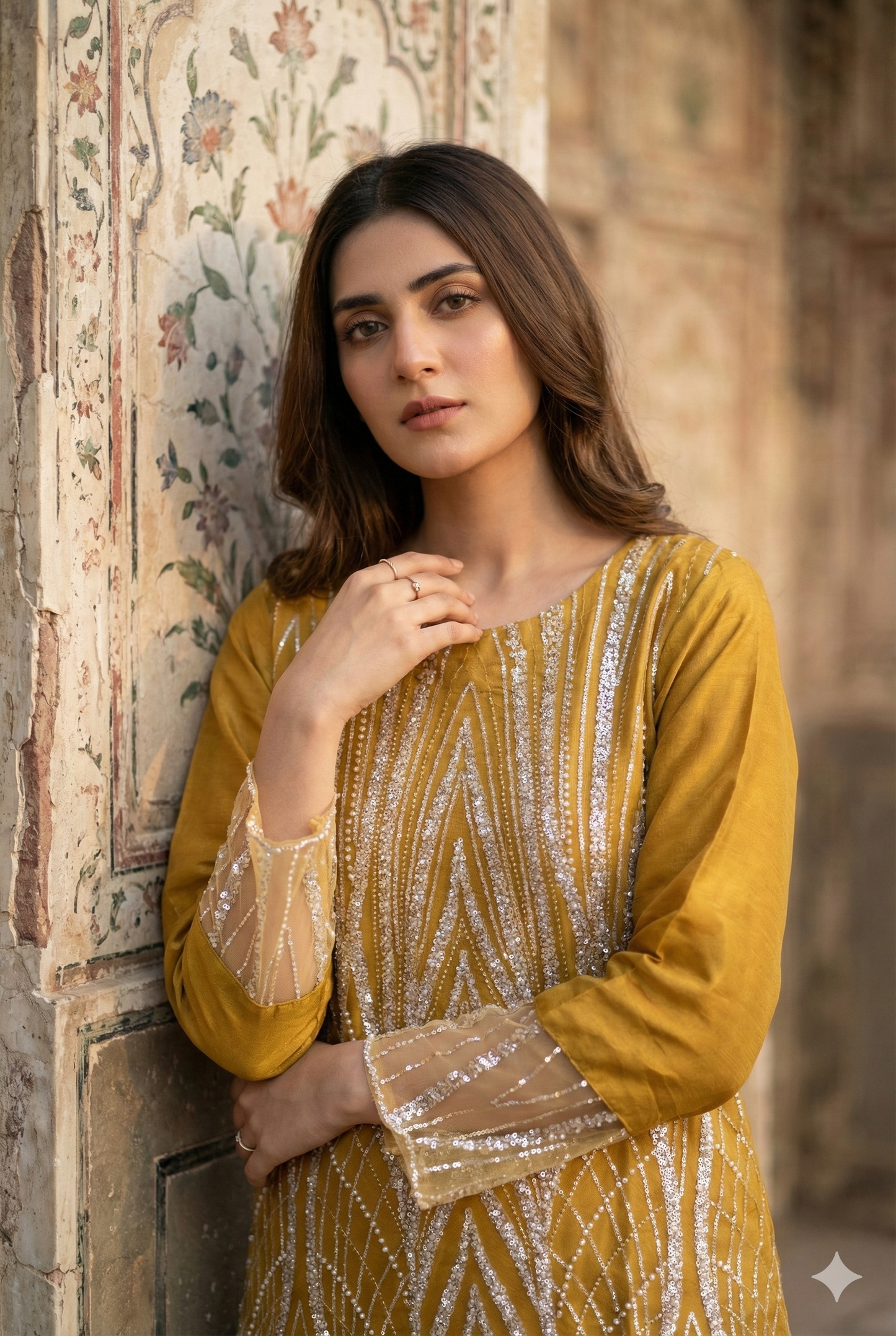 3-PC Heavy Cut Dana & Sequin Embroidered Net Suit Stitched - Mustard Gold