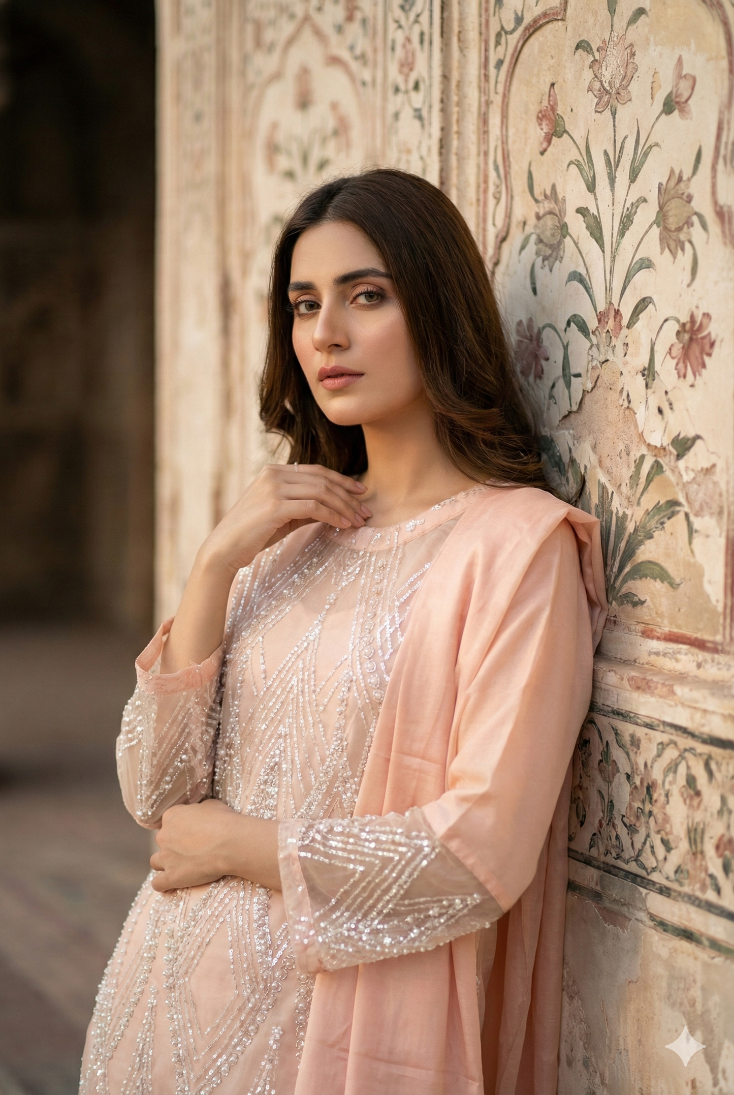 3-PC Heavy Cut Dana & Sequin Embroidered Net Suit Stitched - Peach