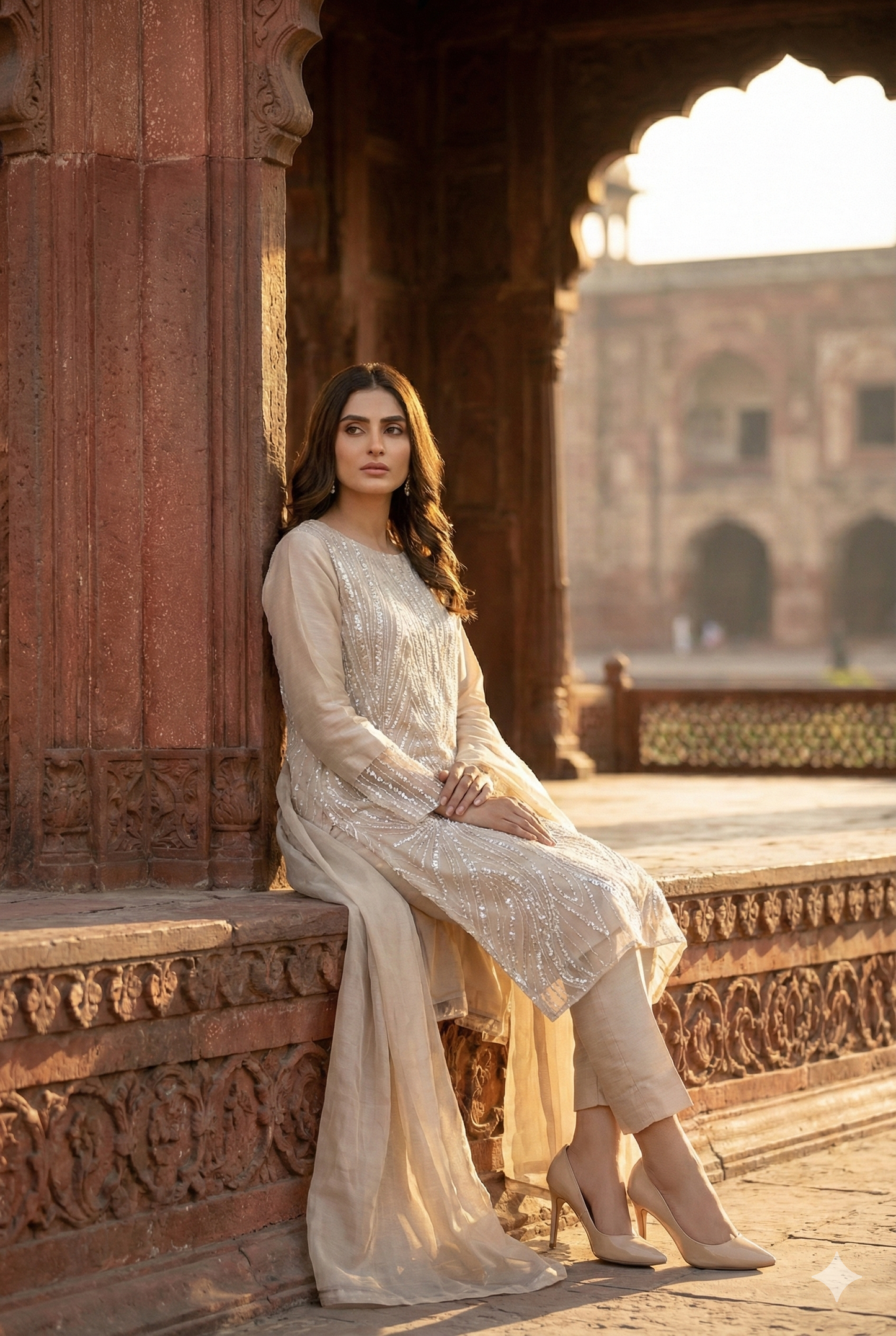 3-PC Heavy Cut Dana & Sequin Embroidered Net Suit Stitched - Beige