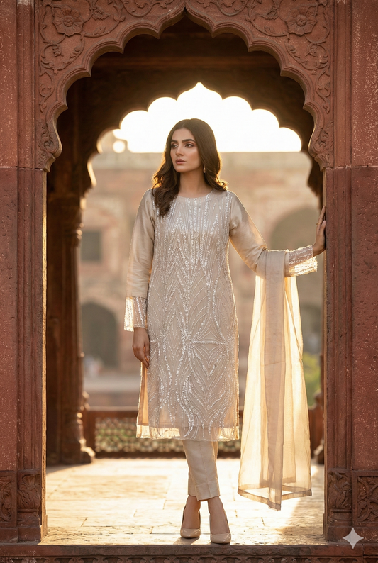 3-PC Heavy Cut Dana & Sequin Embroidered Net Suit Stitched - Beige