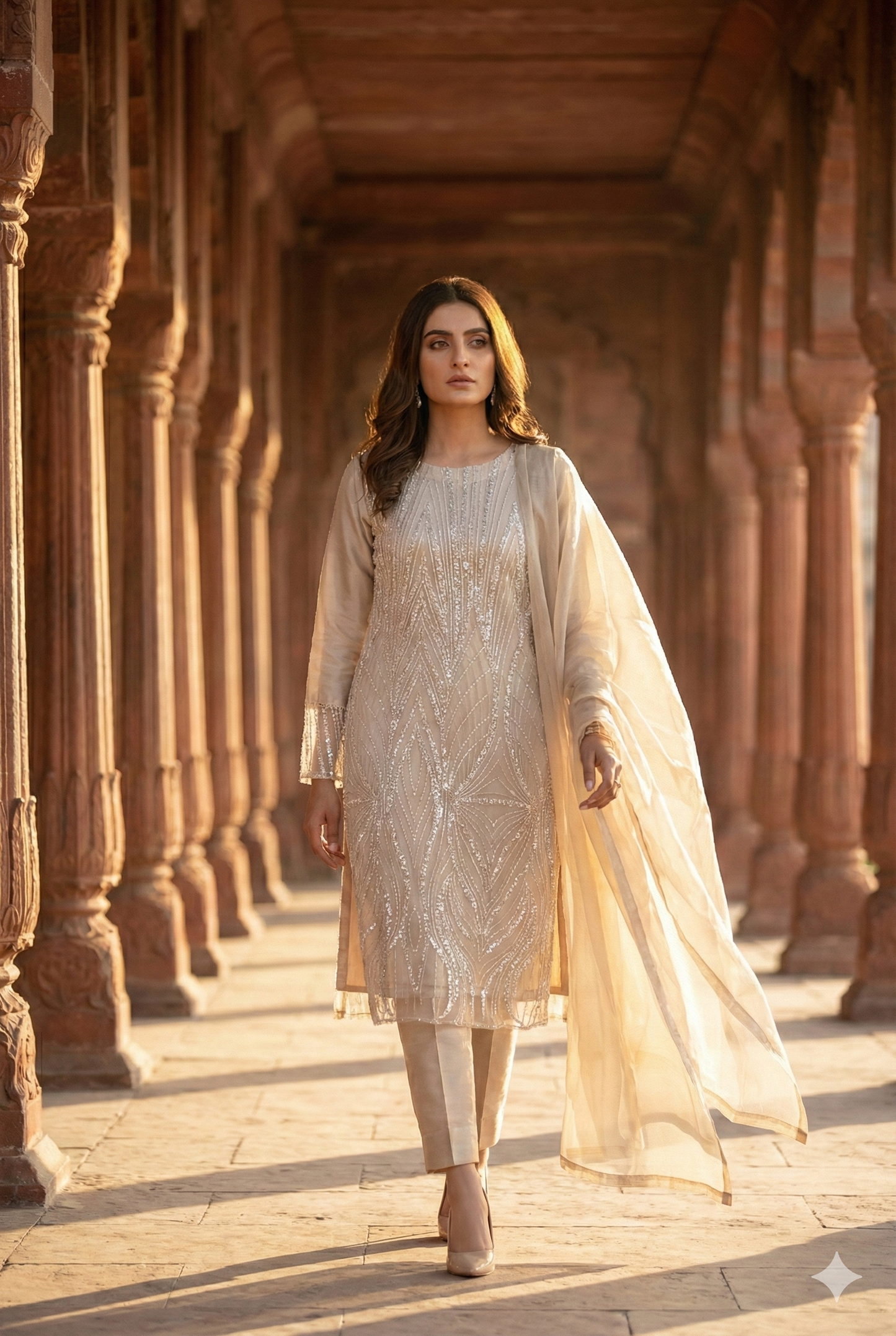 3-PC Heavy Cut Dana & Sequin Embroidered Net Suit Stitched - Beige